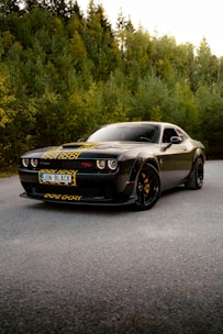 A black sports car parked on the side of the road