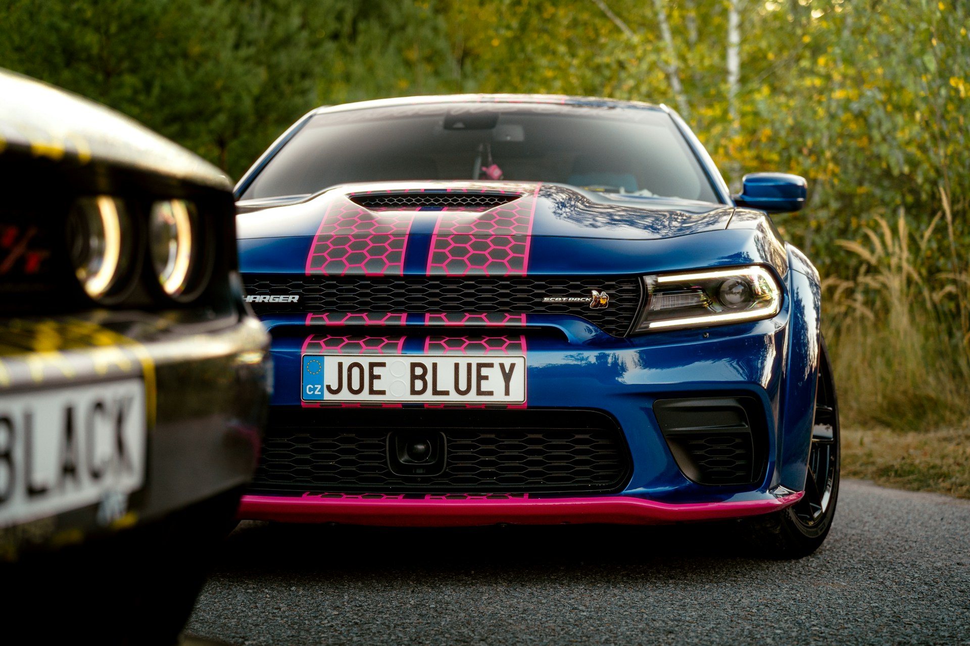 A blue car with a pink ribbon on it