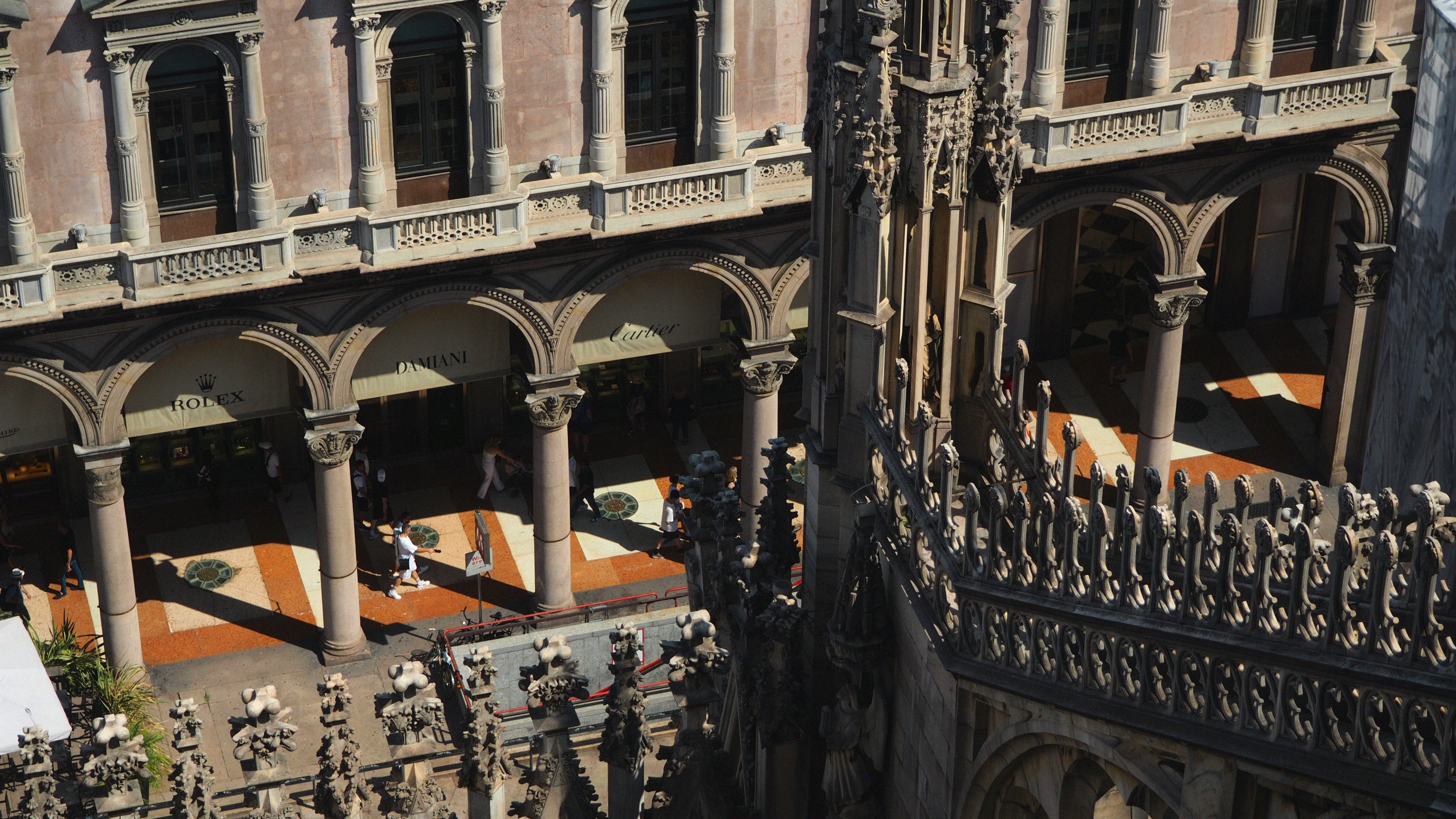 An aerial view of a building with a clock tower