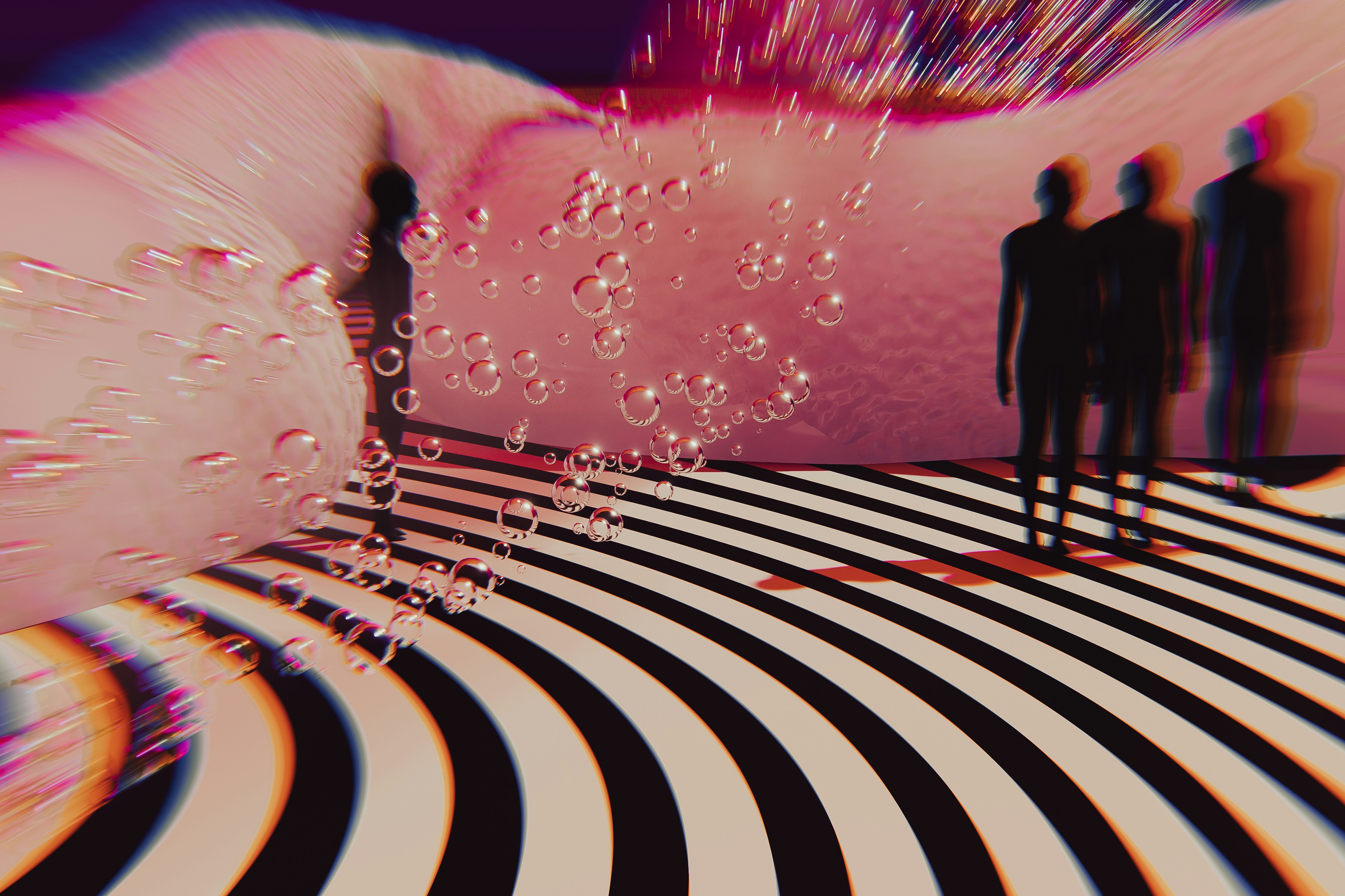 A couple of people standing on top of a striped floor