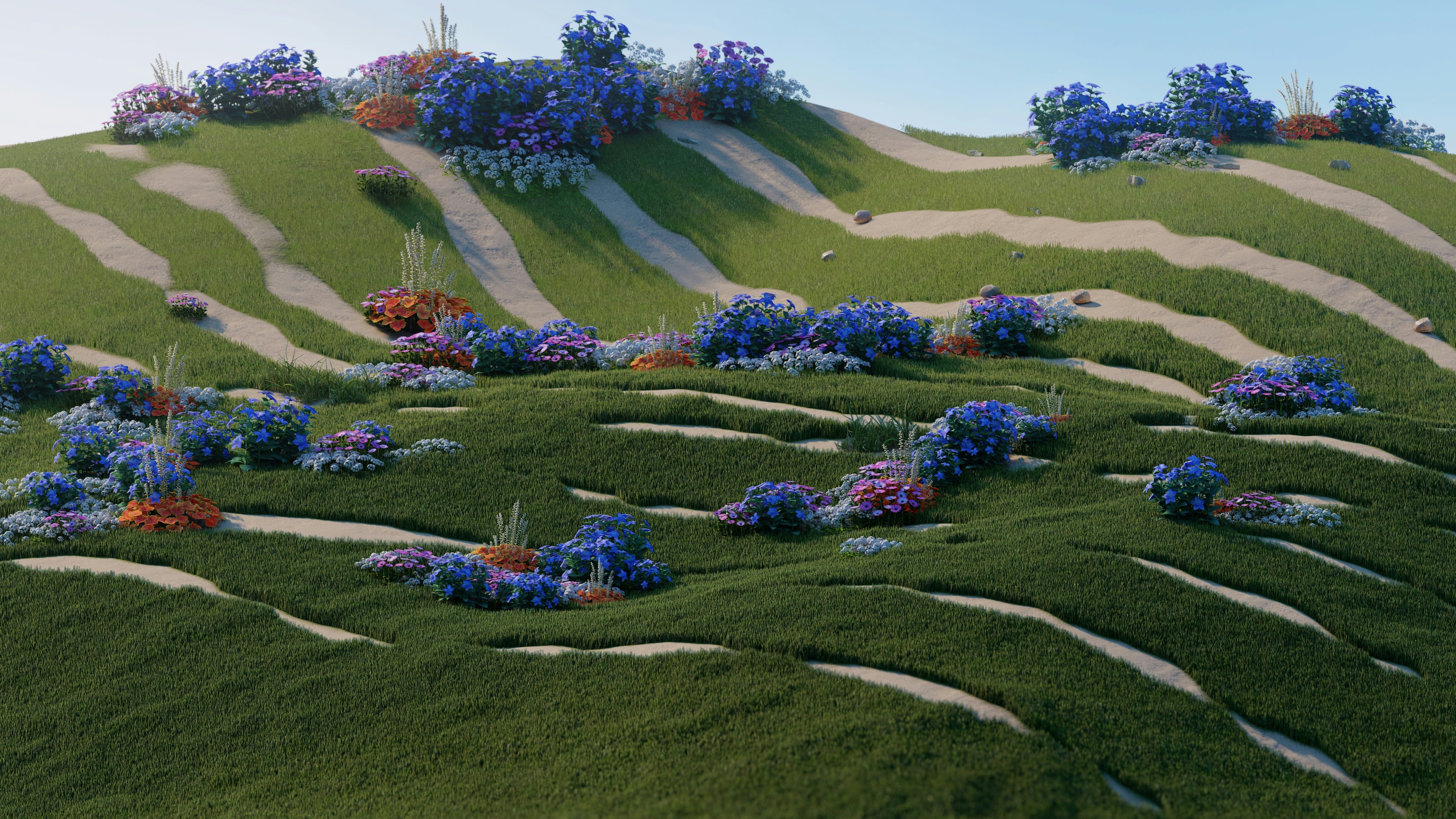 A painting of a hill with blue flowers on it