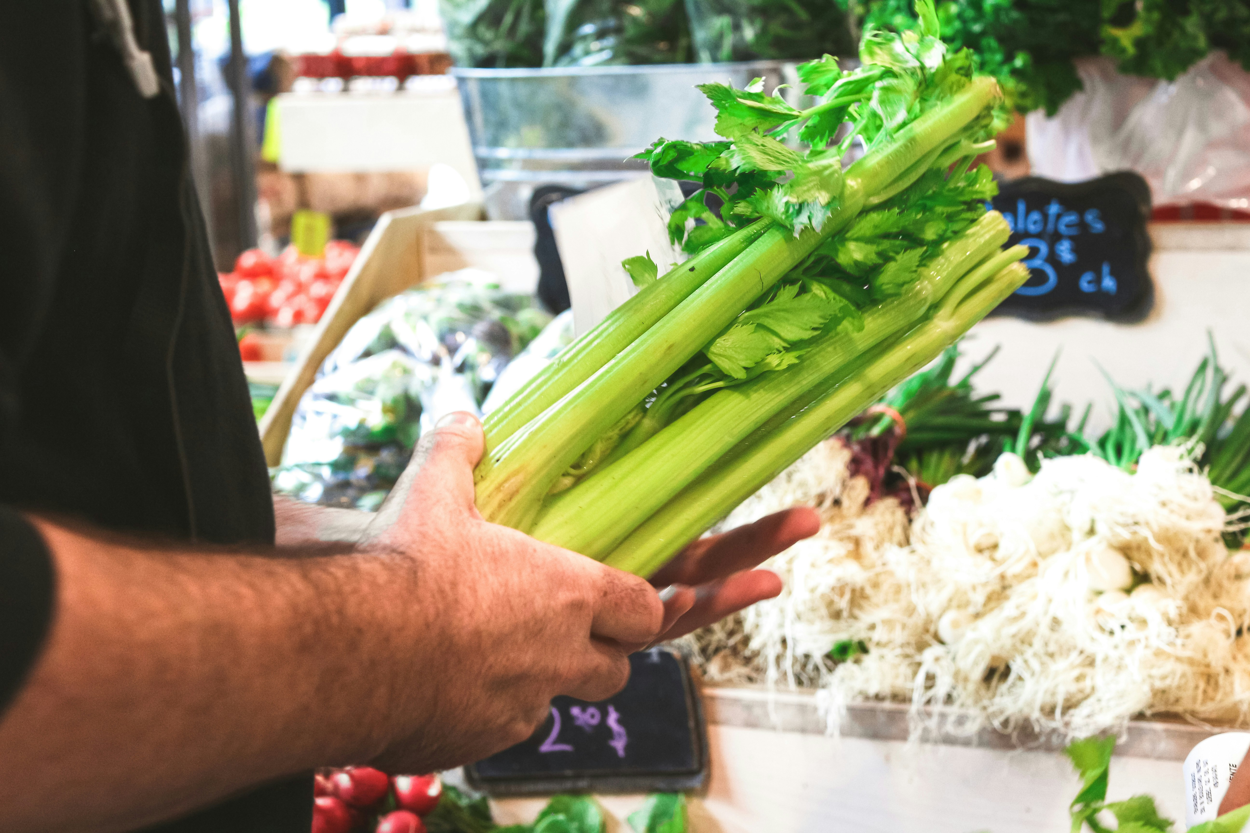 A man holding a bunch of asparagus in his hands