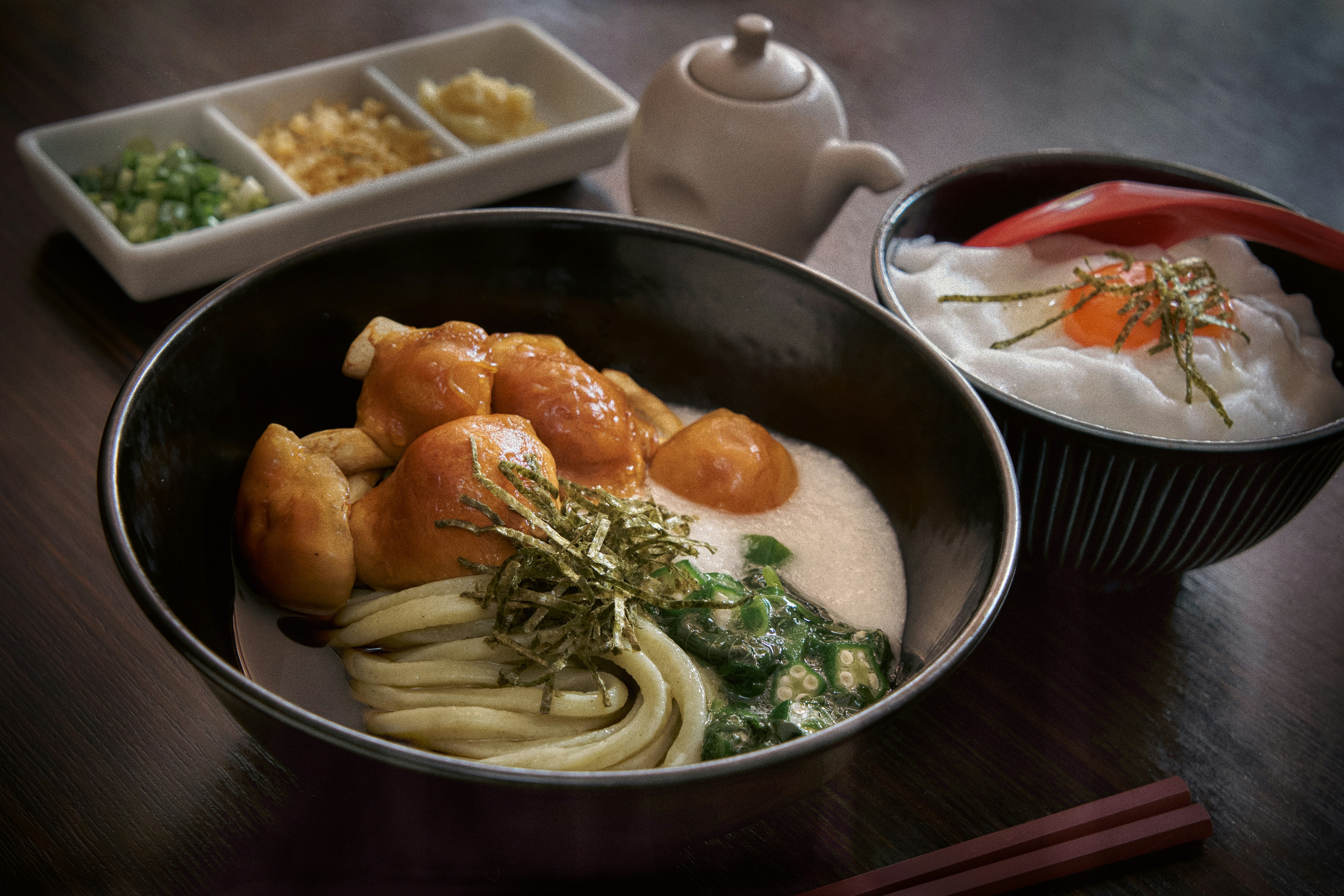 Udon with fried chicken and side condiments