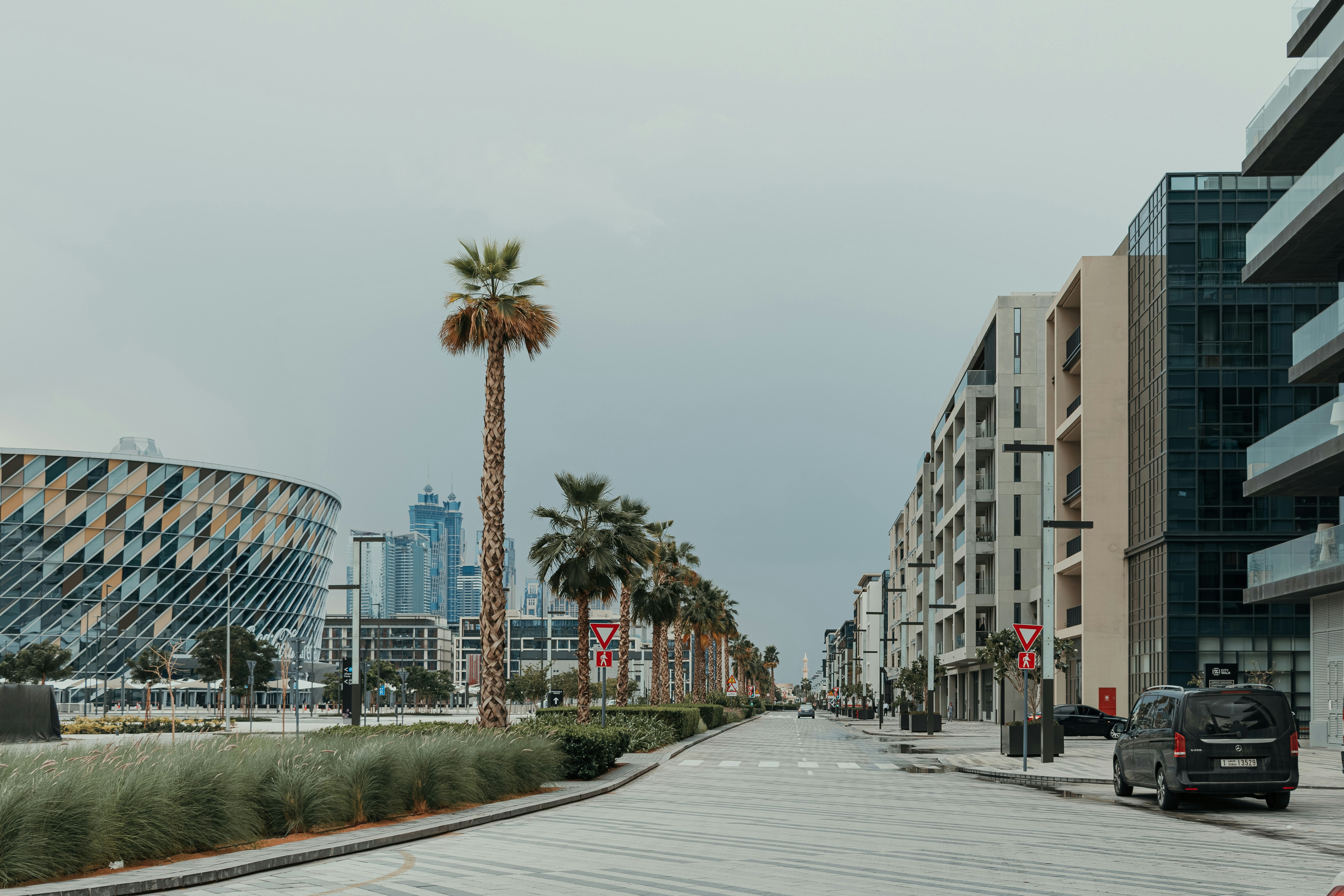 A city street with palm trees and tall buildings
