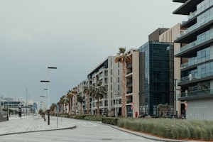 A city street with tall buildings and palm trees