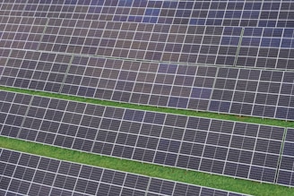 A row of rows of solar panels in a field