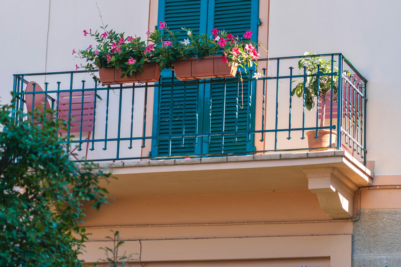 Apartment balcony overflowing with flowers