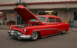 A red car with a hood open parked in front of a building
