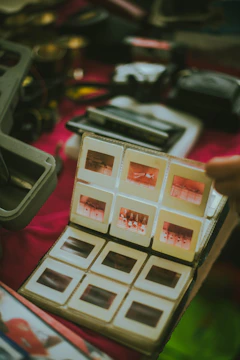 A person holding a box with several pictures inside of it