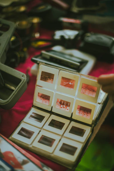 A person holding a box with several pictures inside of it