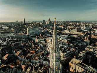 An aerial view of a city with tall buildings