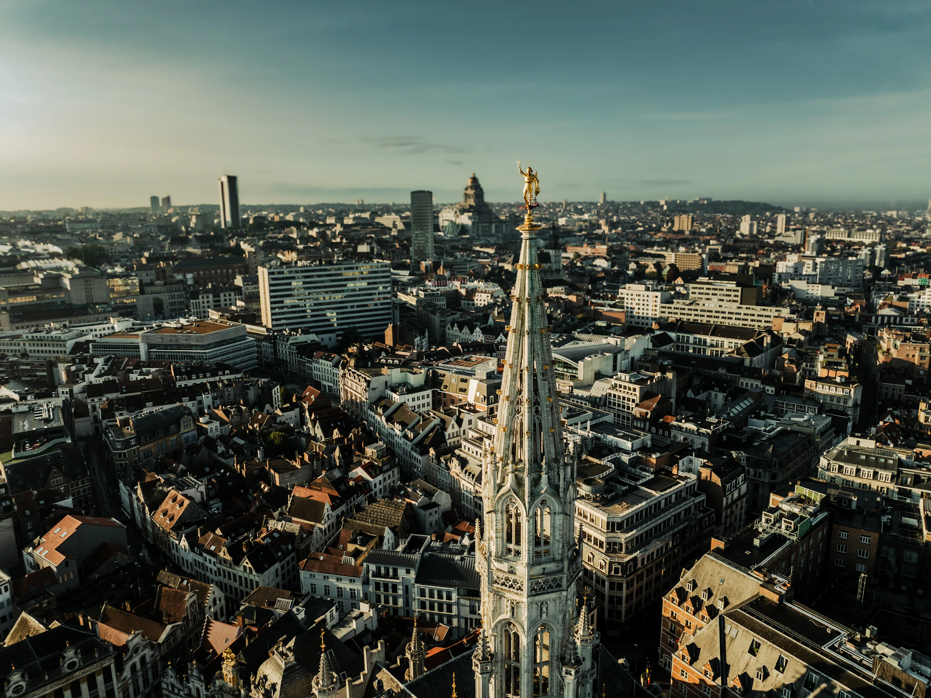 An aerial view of a city with tall buildings