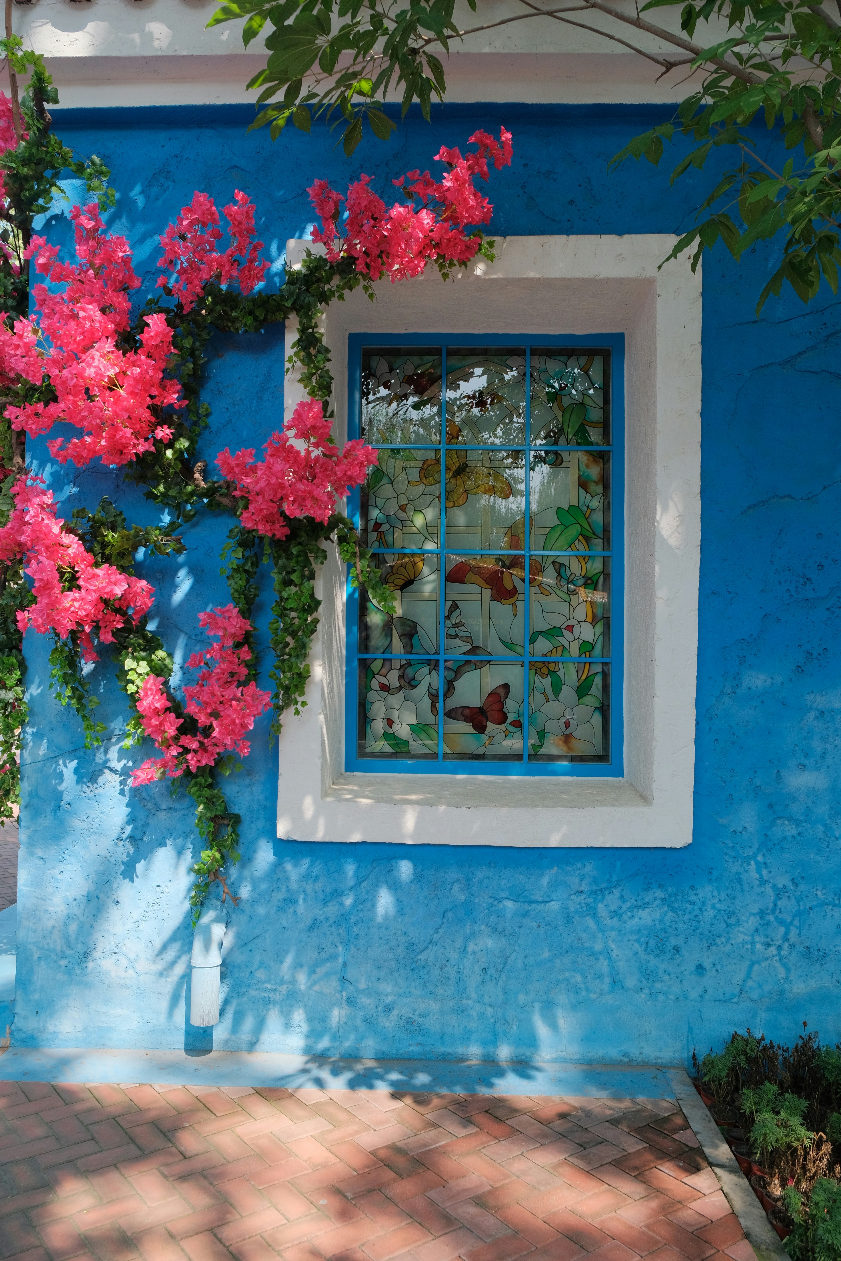 A blue house with pink flowers on the outside of it