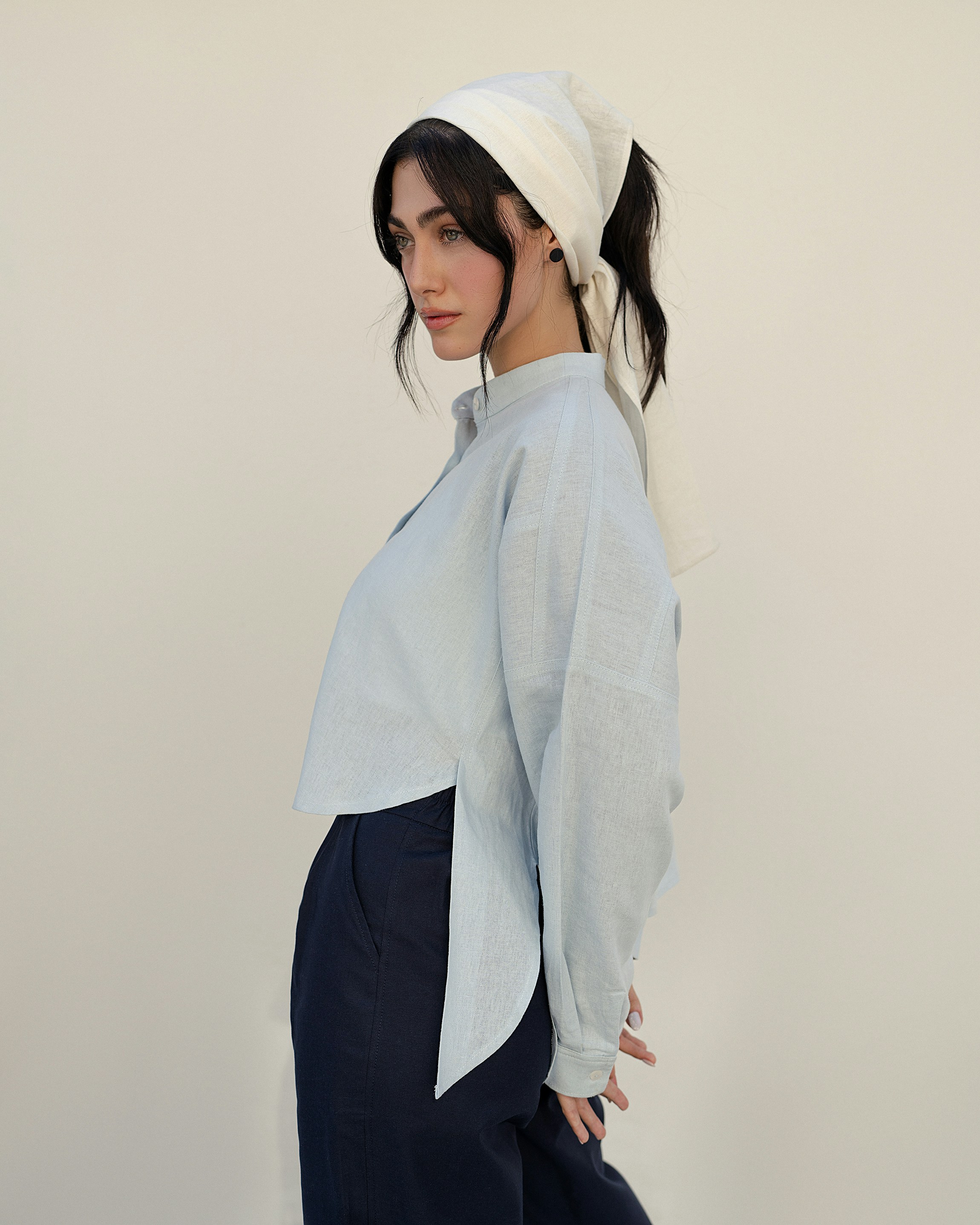 A woman with a towel on her head