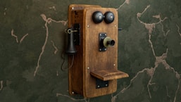An old fashioned phone mounted to a wall