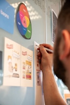 A man writing on a wall with a marker