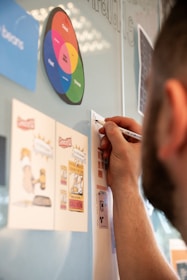 A man writing on a wall with a marker