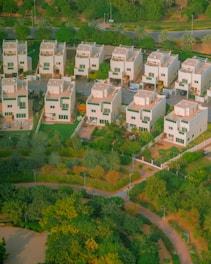 An aerial view of a group of houses