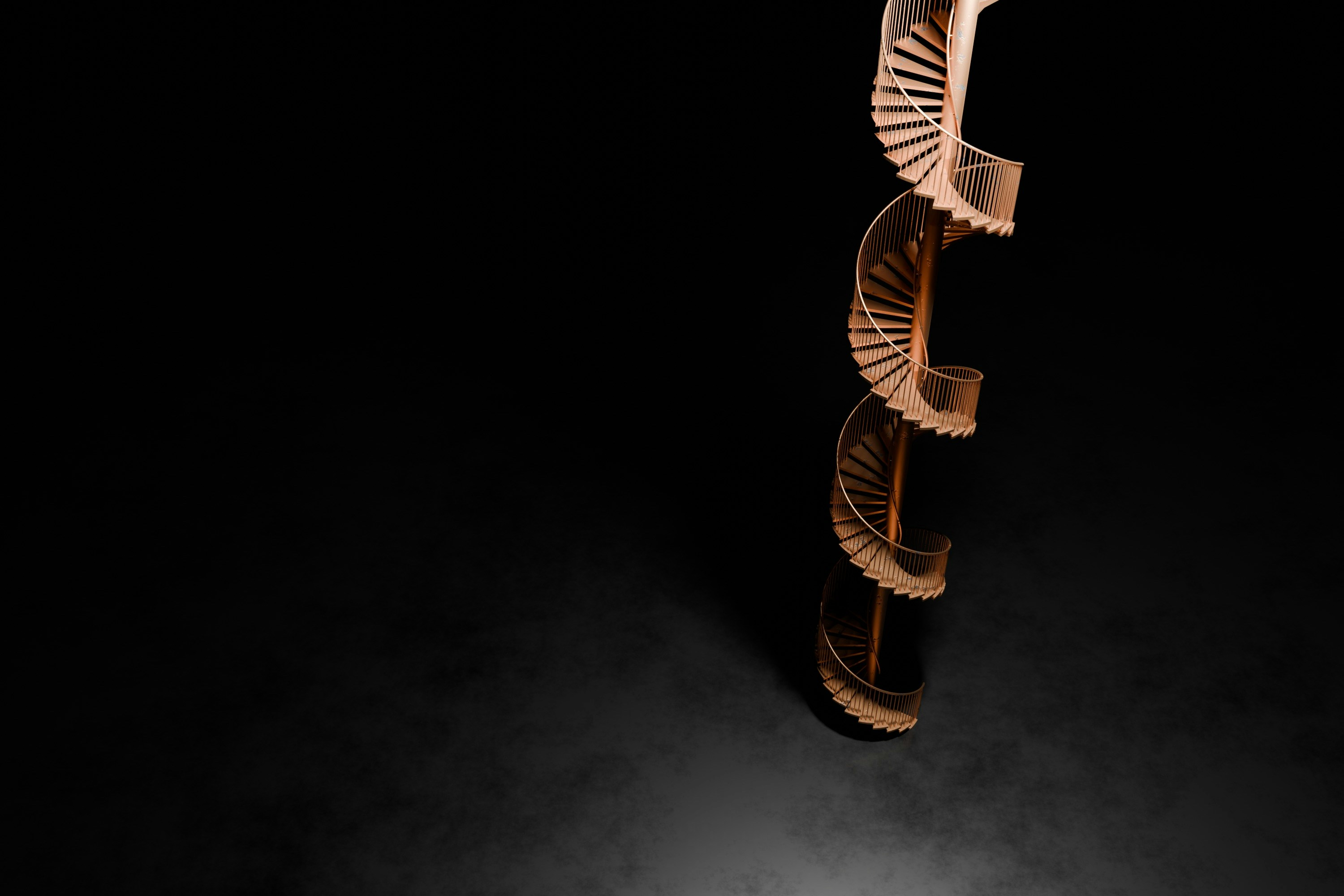 A wooden spiral staircase on a black background