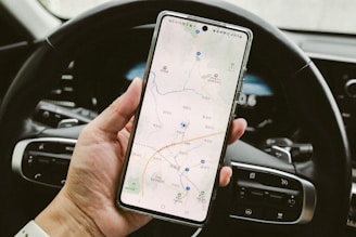 A person holding a cell phone while driving a car