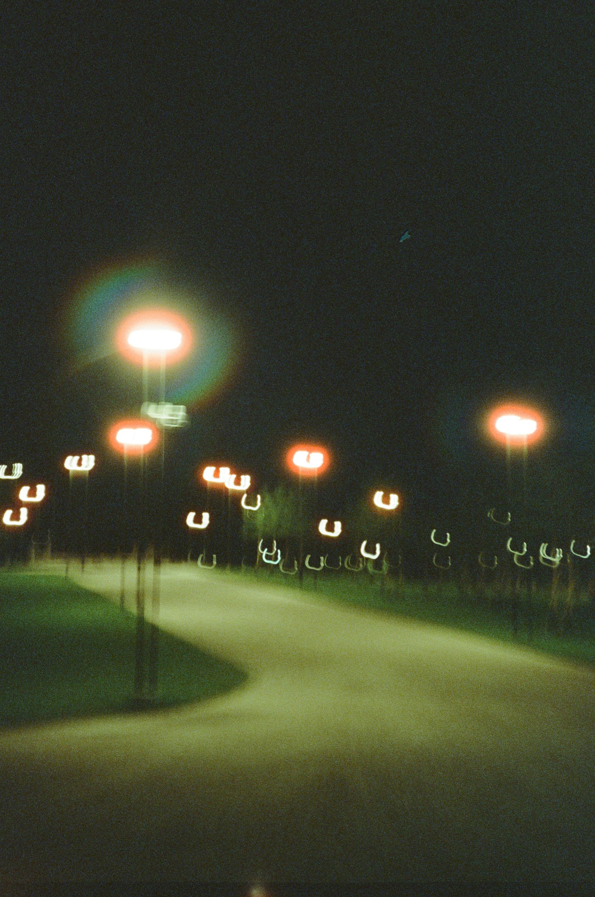 A night time picture of a street with street lights