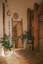 A room with a plant and a mirror