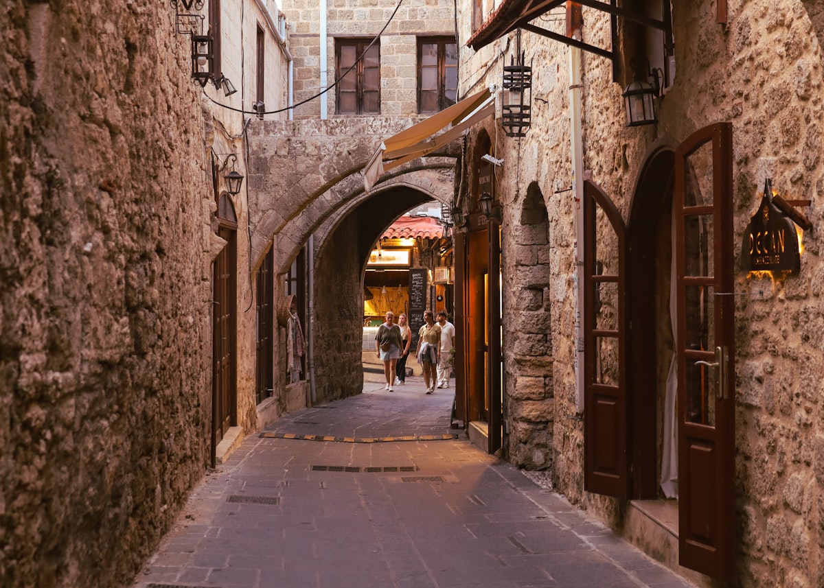 Rhodes November — old town cobbled lanes after autumn rain