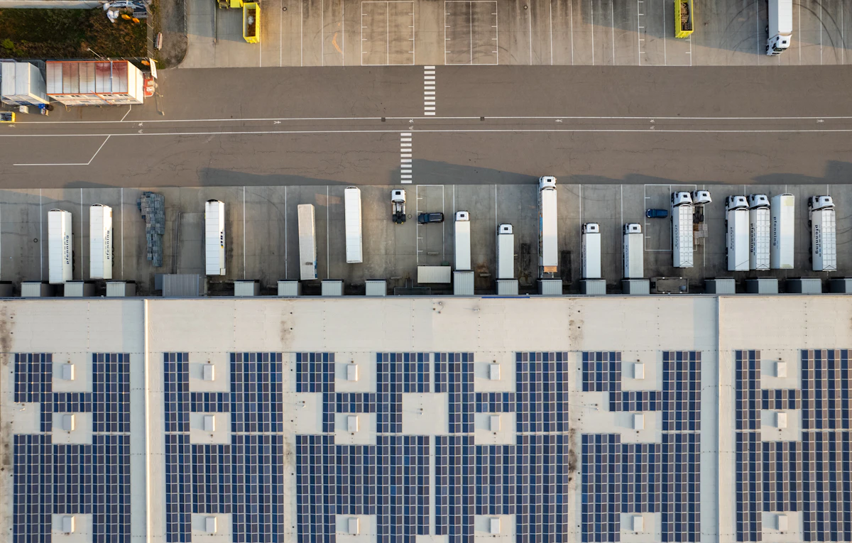 Aerial view of a modern warehouse and logistics distribution center