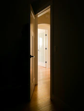 An open door in a dark room with light coming in