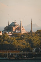 A view of a large building with many spires
