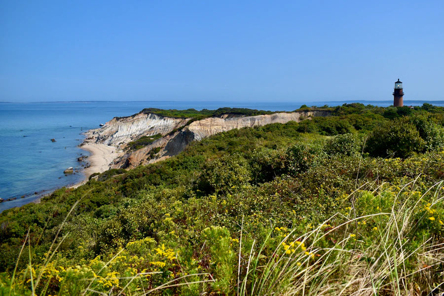 Clay cliffs and a red brick lighthouse above the ocean in Aquinnah