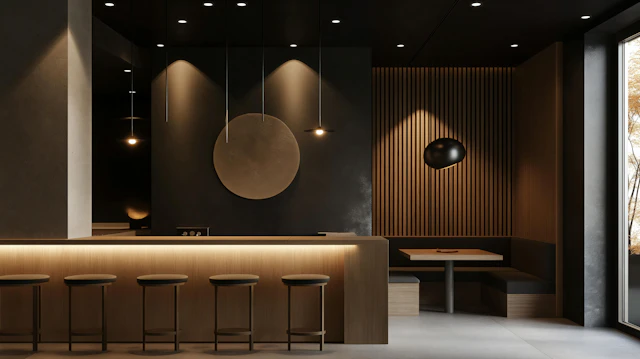Interior of a bar with a long counter and a row of stools