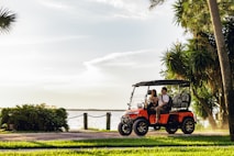 A group of people riding on a golf cart
