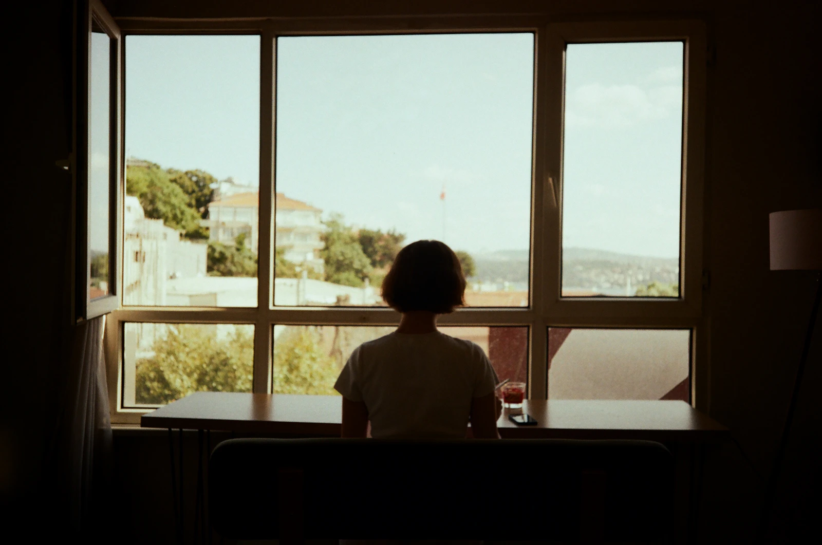 A woman sitting at a table, looking out a window in soft daylight.