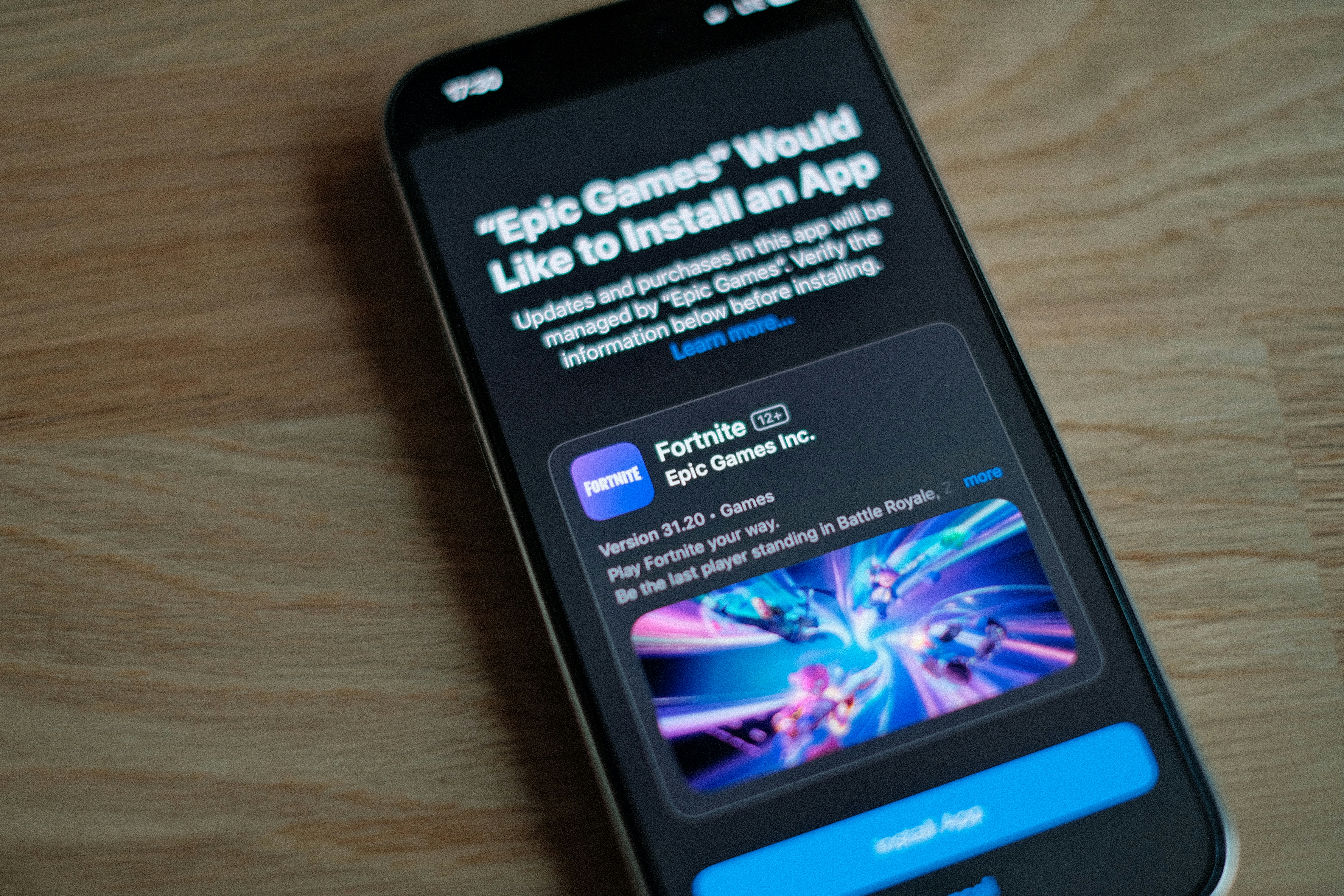 Screen showing the Epic Games app installer on an iPhone, with the Fortnite game icon and information about the latest app version