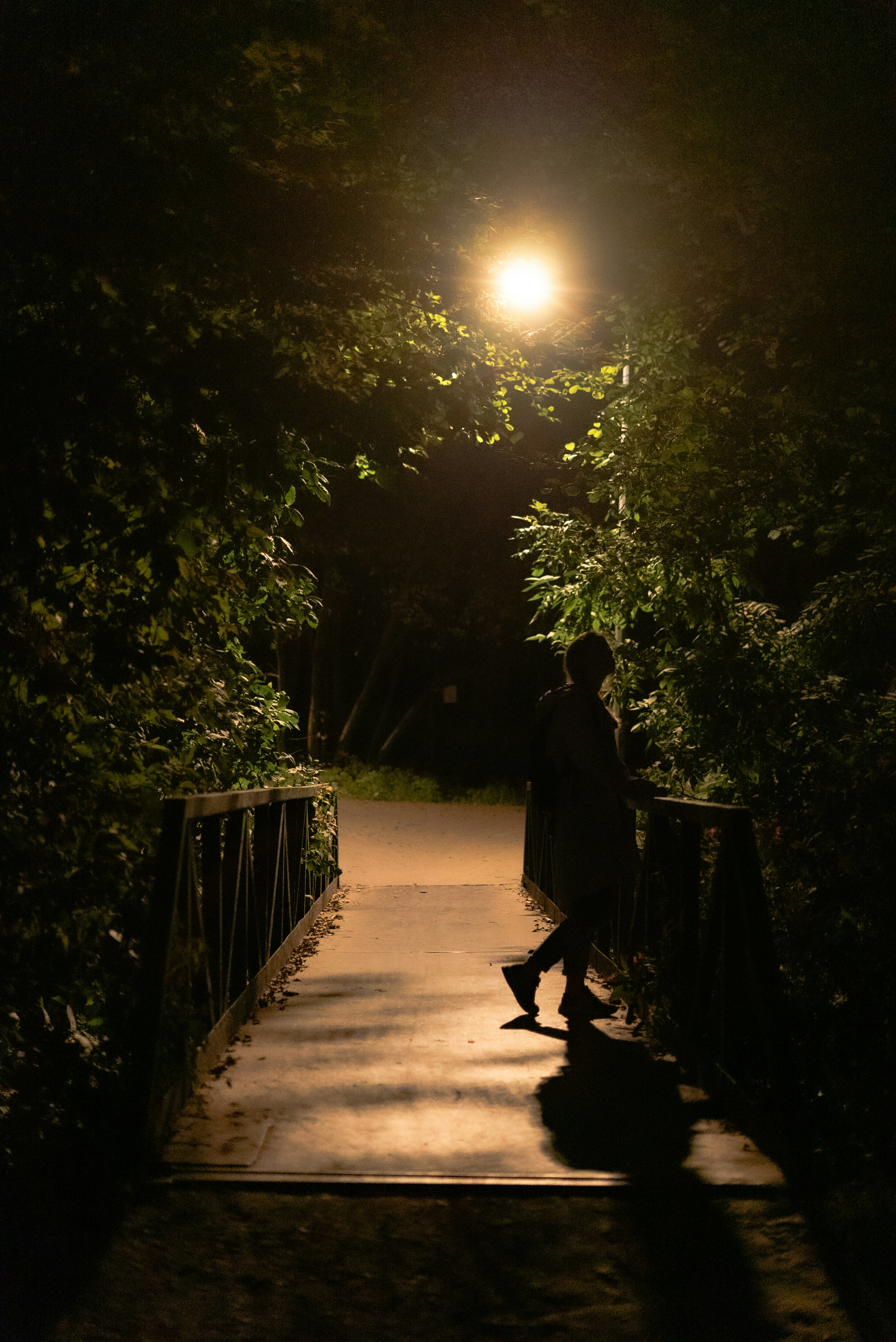 A person walking down a path at night