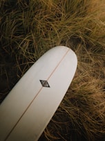 A white surfboard laying in the grass