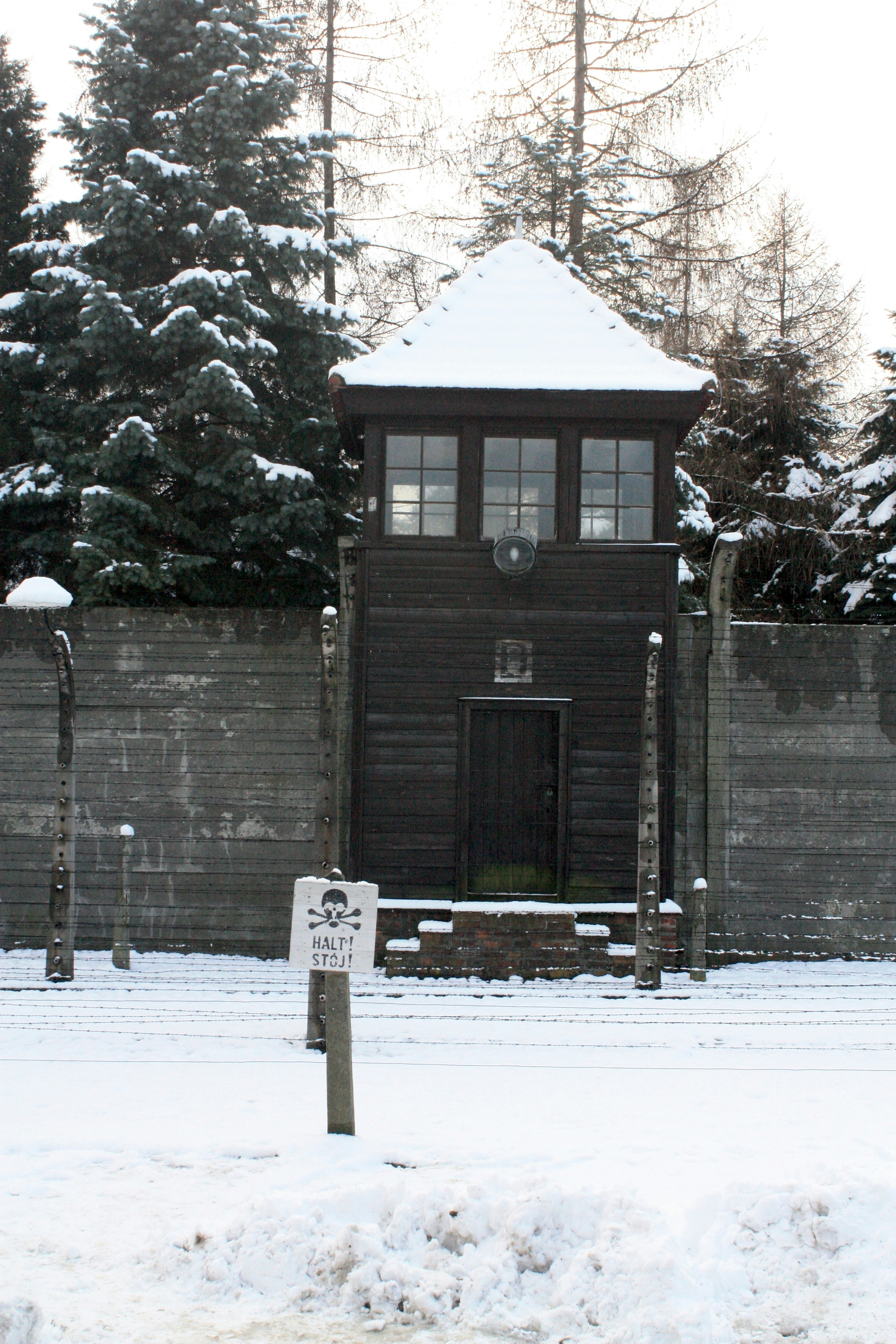 A clock tower in the middle of a snowy yard