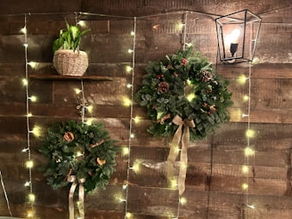 Three christmas wreaths are hanging on a wall