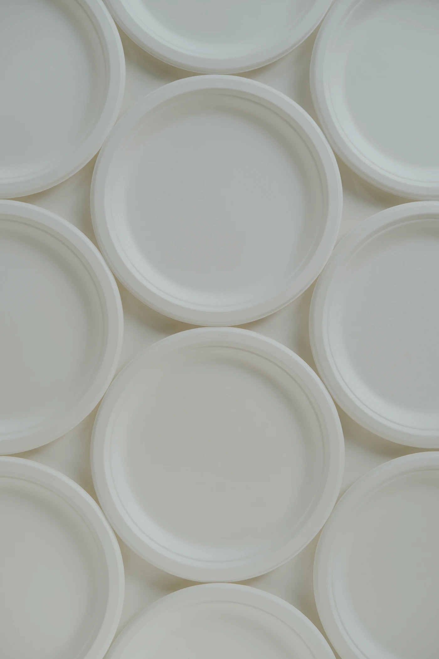 Assiettes biodégradables en bagasse de canne à sucre posées sur une surface blanche