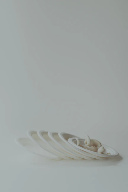 A stack of white plates sitting on top of a white table