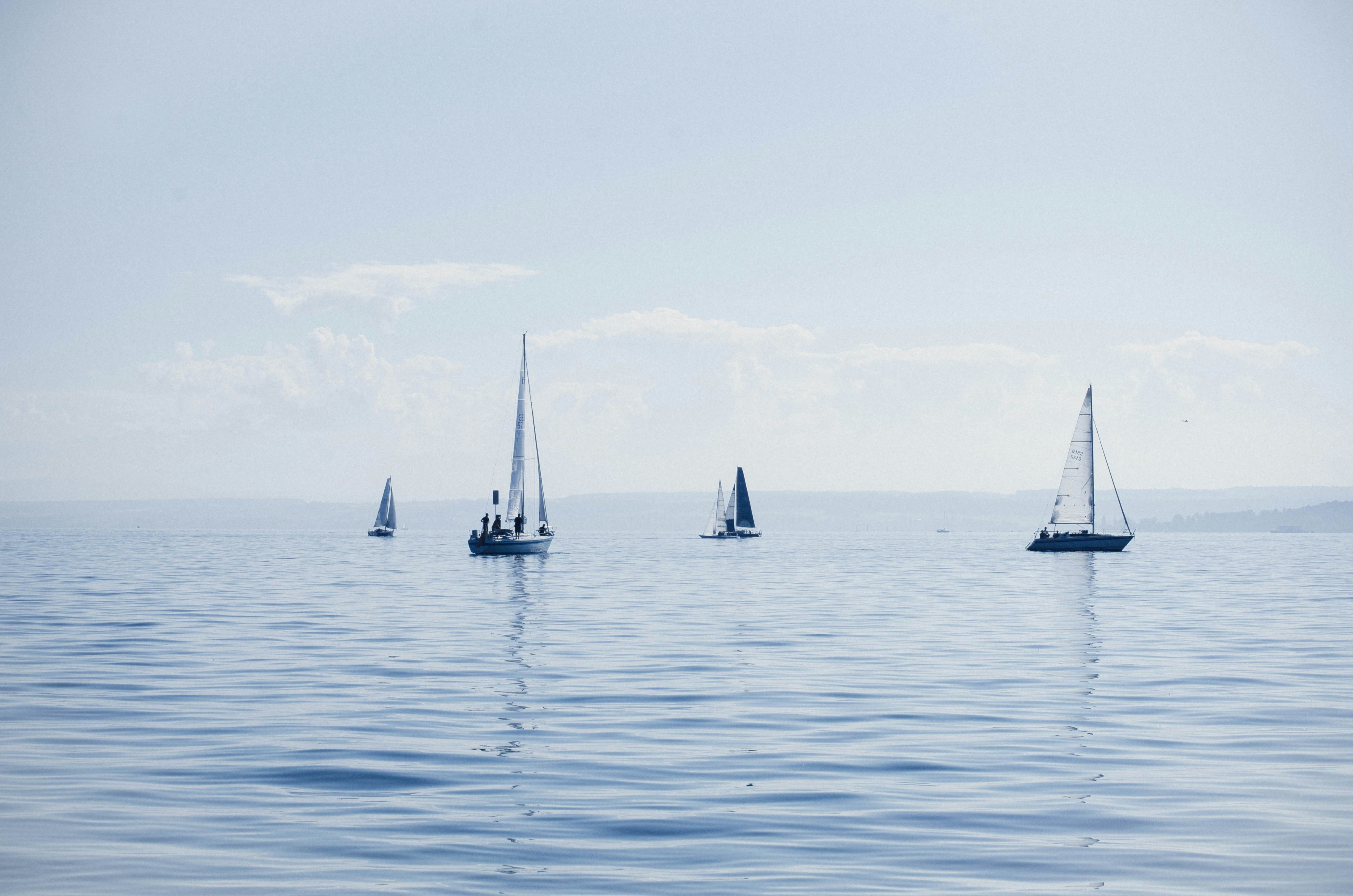 A group of sailboats floating on top of a large body of water