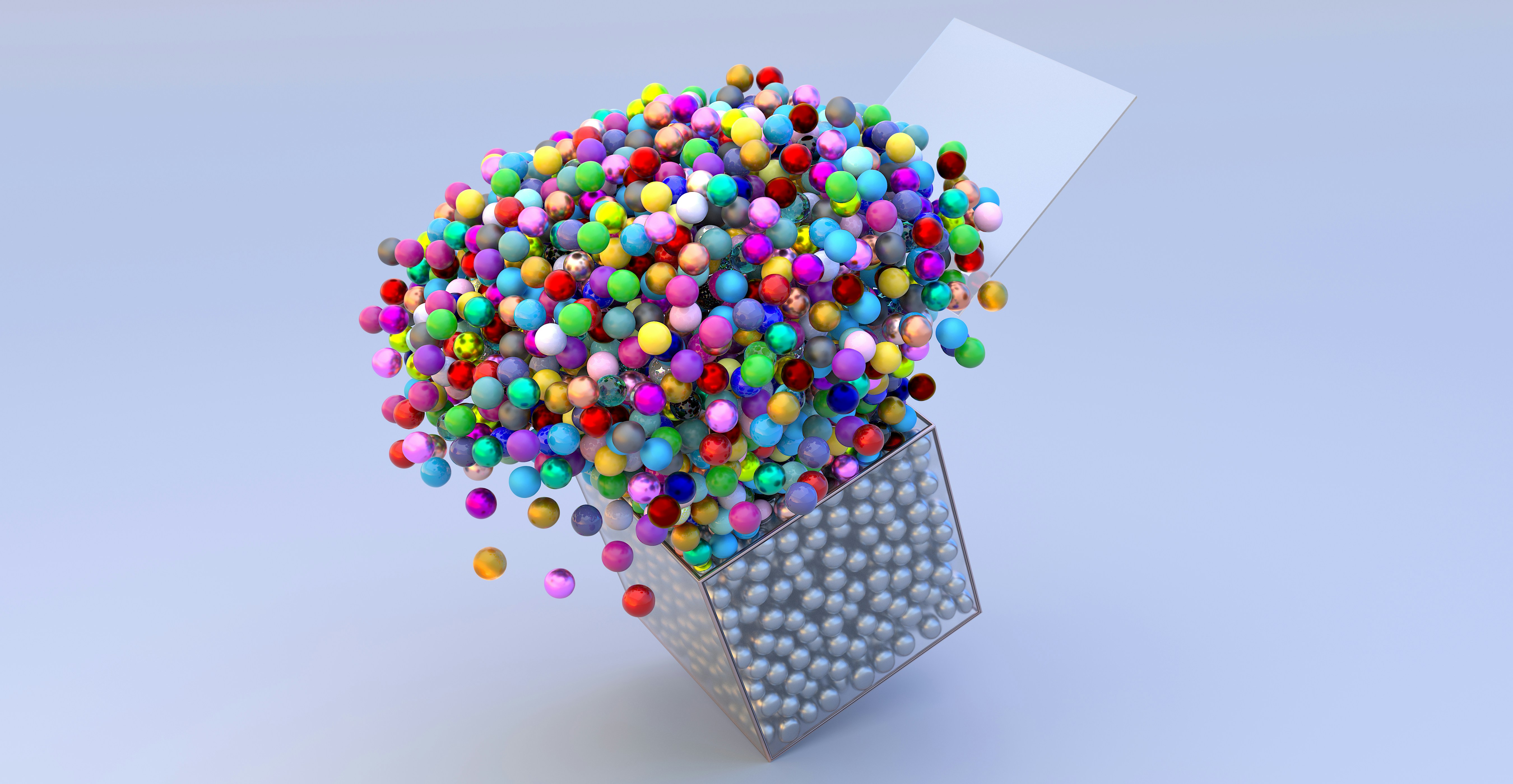 A bunch of balls are in a container