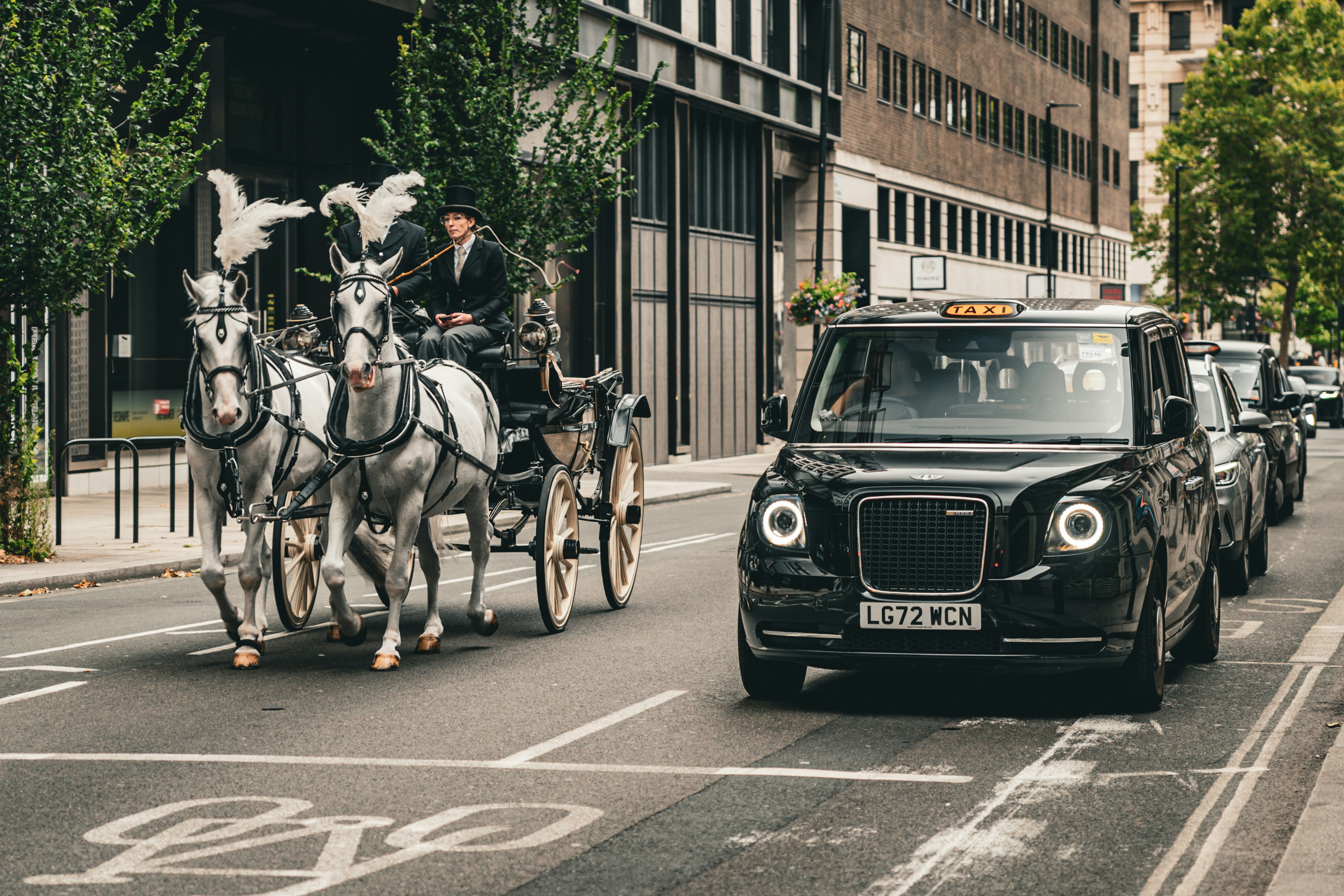 A horse drawn carriage driving down a city street