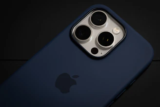 A close up of a blue iPhone case