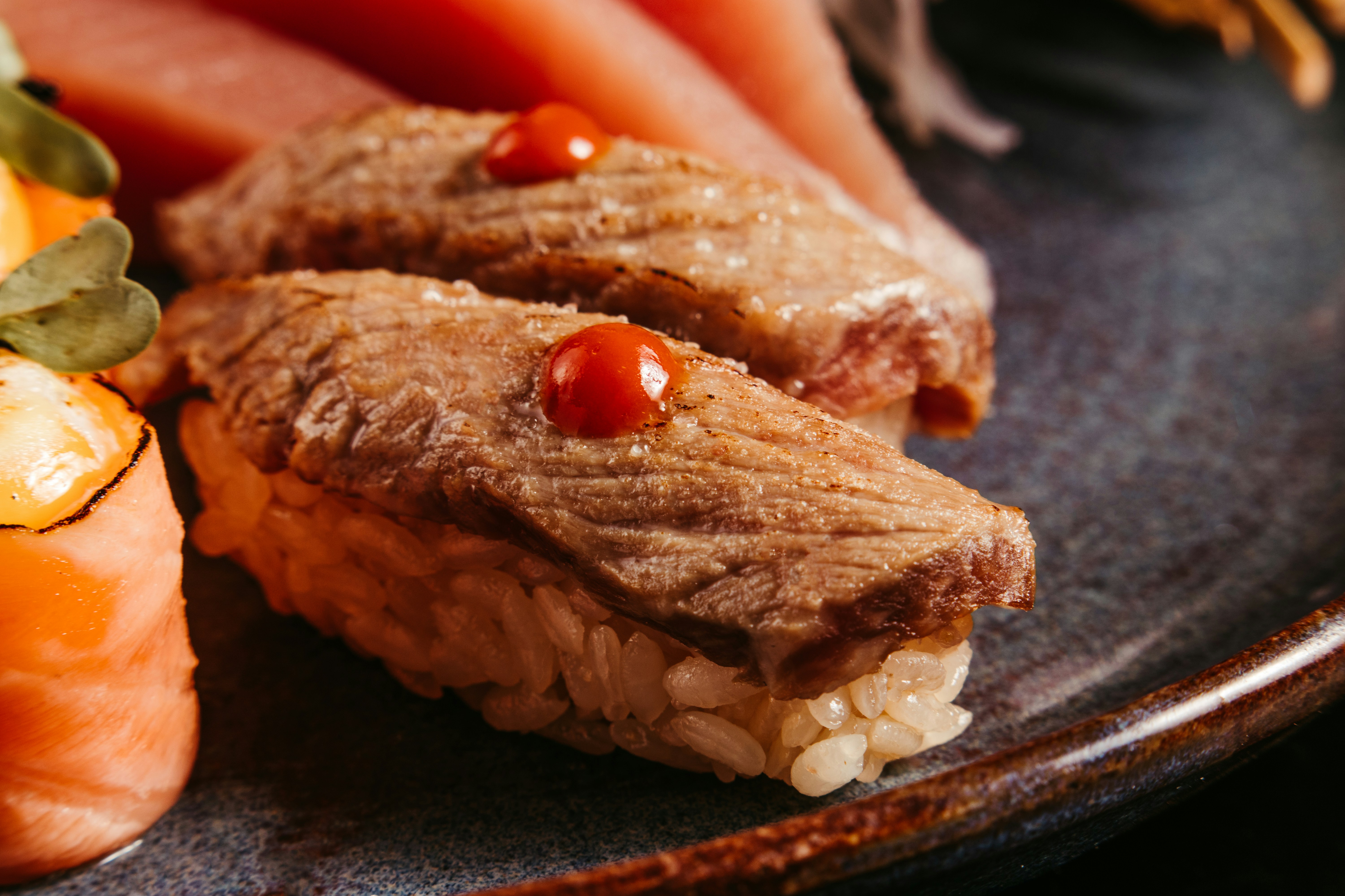 Beef nigiri close-up