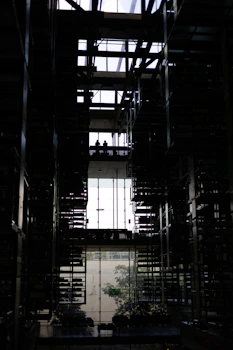 A very tall metal structure with lots of windows