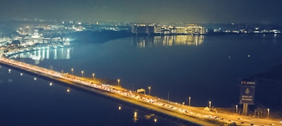 An aerial view of a city at night