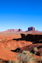 A view of a desert with a mountain in the background