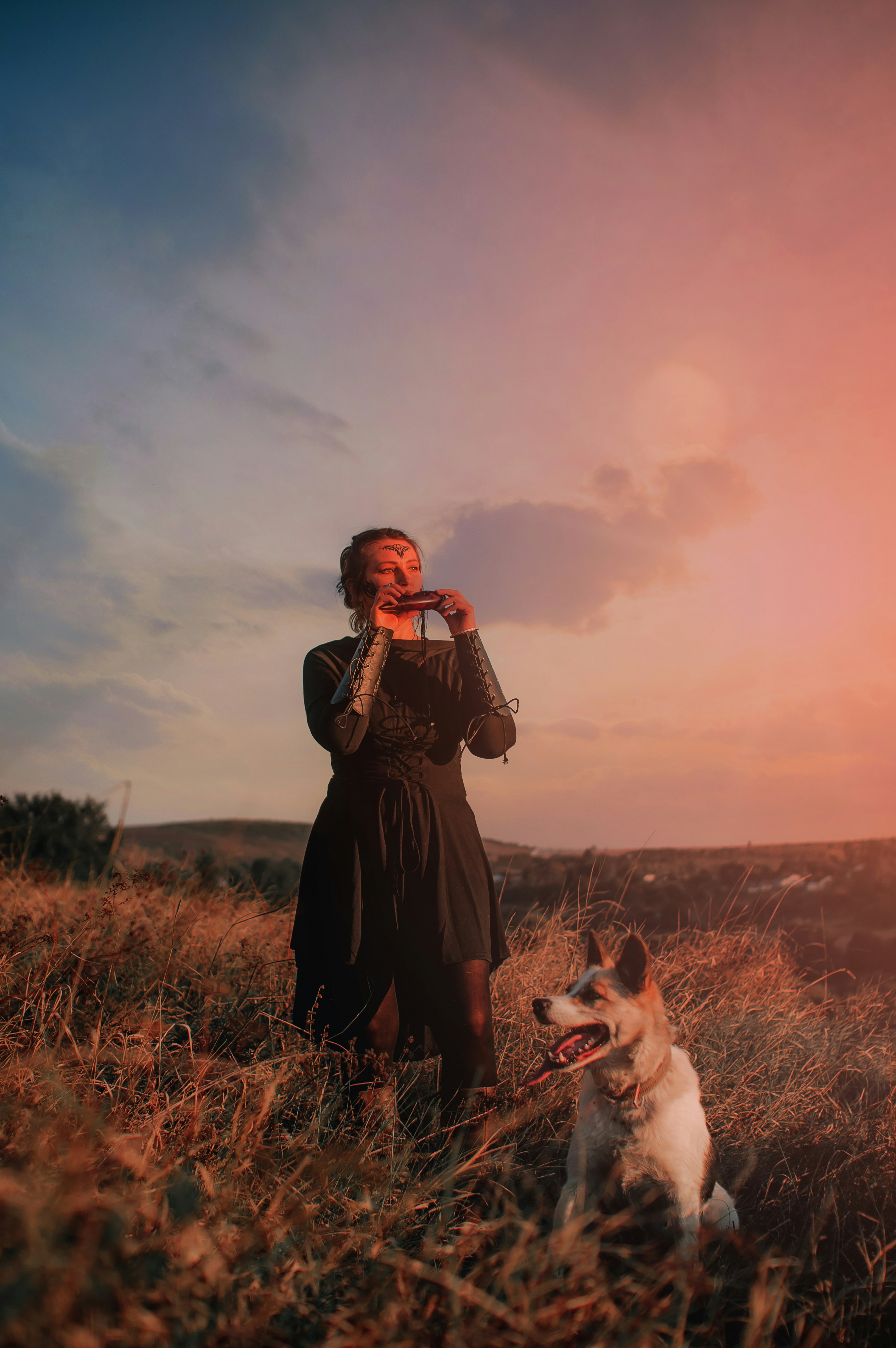 Eine Frau, die mit einem Hund auf einem Feld steht